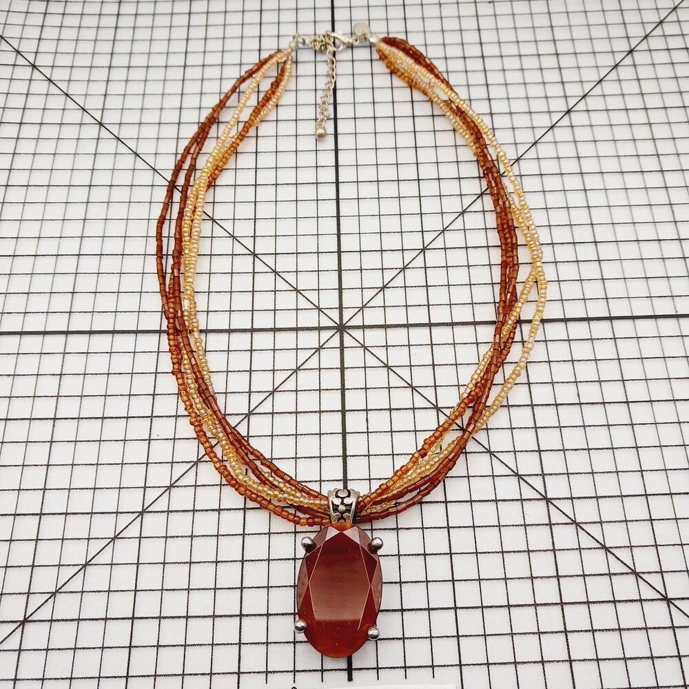 Necklace Pendant Seed Bead Multi Strand VTG Premier Designs Amber Boho Statement